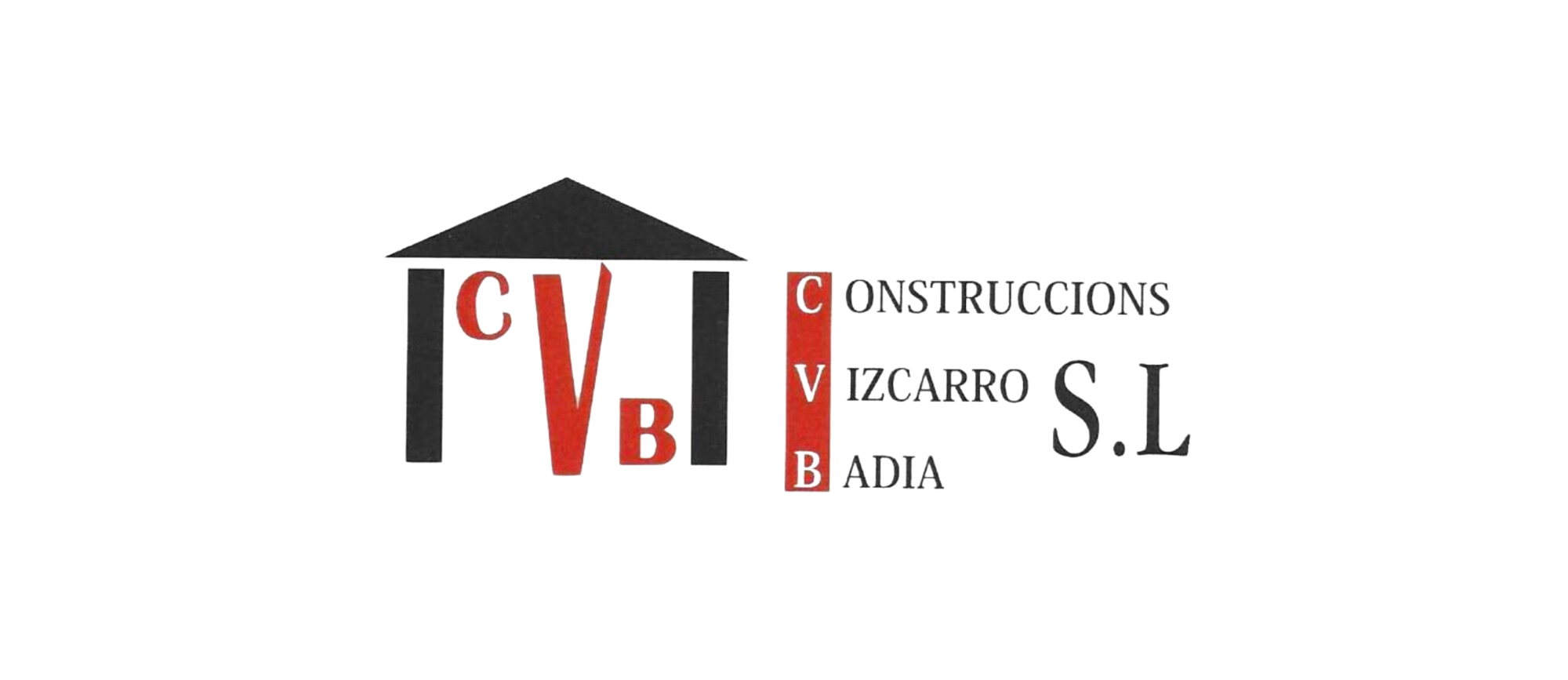 Imagen del logotipo de Construccions Vizcarro Badia S.L., representado con un diseño de casa estilizada en negro y rojo. Las iniciales "CVB" aparecen destacadas dentro de la estructura de la casa y nuevamente en una columna roja a la derecha, acompañadas del nombre completo de la empresa en letras blancas sobre fondo negro.